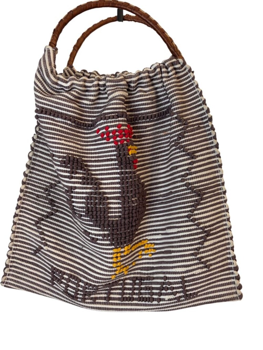 Vintage 1950s-1970s Portuguese Handwoven Folk Art Tote Bamboo Handles